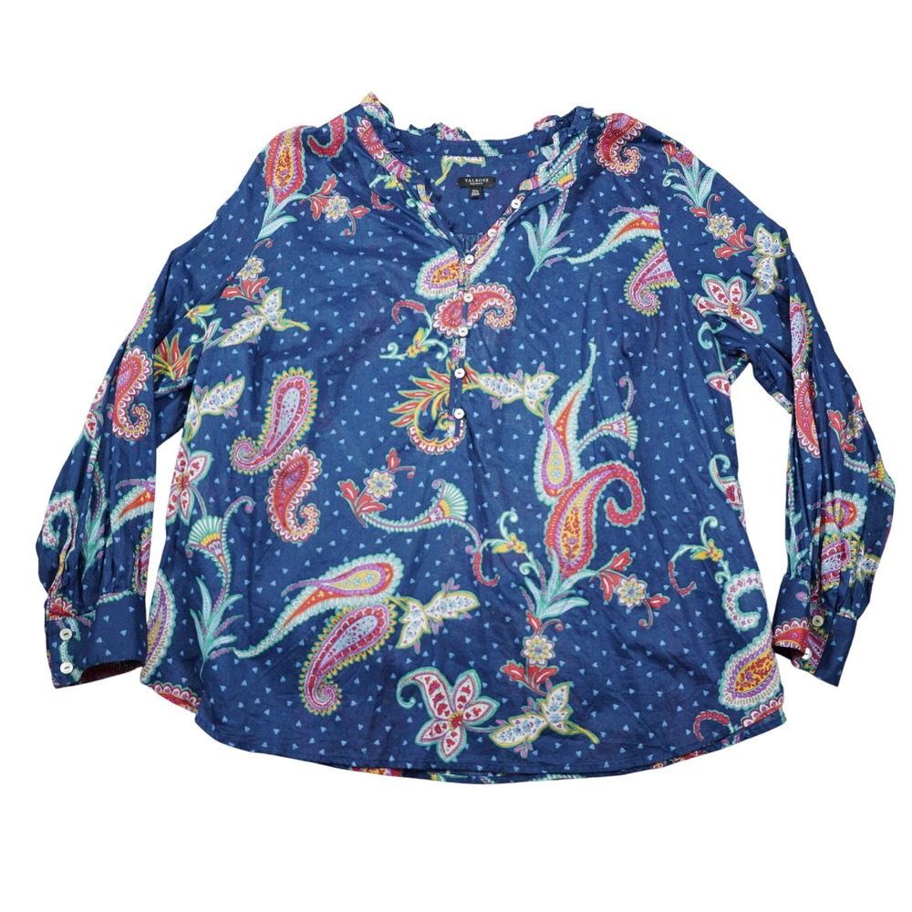 Talbots Plus 2X Petite Navy Blue Paisley Cotton Ruffle Henley Blouse Cotton Top